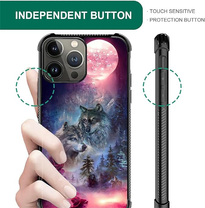 for iPhone 15 Pro Case, Star Two Wolfs Howling Pattern Graphic Design Girl Boy Soft Silicone Hard Acrylic Shock Protection for iPhone 15 Pro