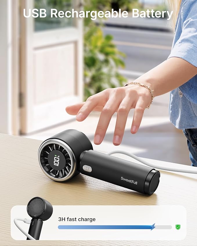 SWEETFULL Mini Fan Portable - Cute Handheld Turbo Fan with Rechargeable Battery, 5 Speeds, Small Hand Personal Travel Essentials for Women, Girls, Kids, Lash, Makeup - Black