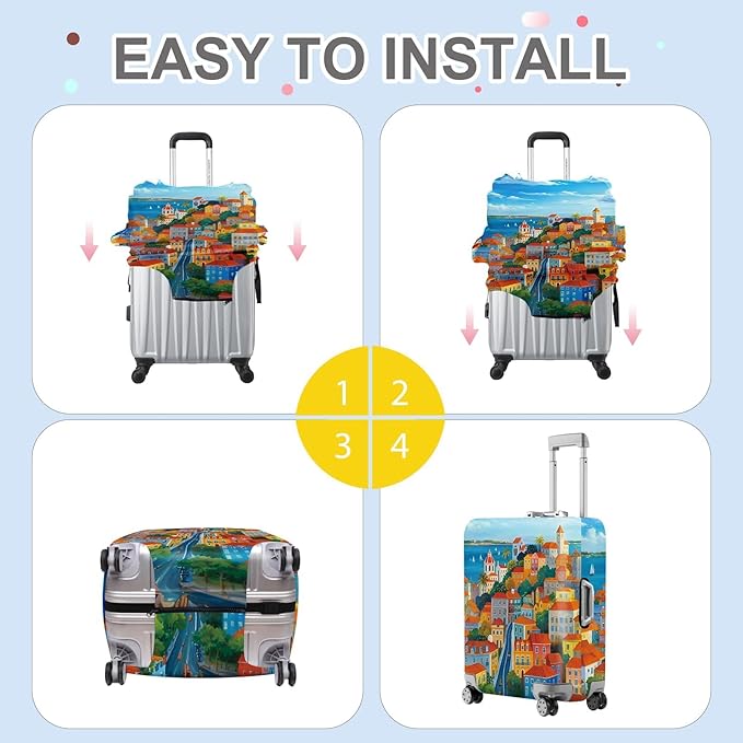 ANNA QUEEN Mediterranean Town Luggage Cover, Coastal City Suitcase Protector, Stretchable Washable Travel Cover for 28-30 Inch Luggage
