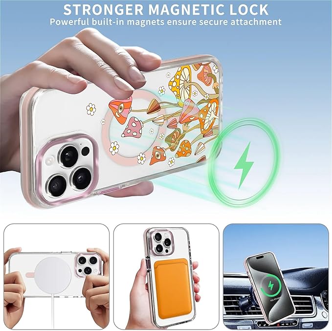 Case for iPhone 14 Pro Max,[Compatible with MagSafe],Retro Mushroom Sunflower Phone Case Design，for Women Girls Magnetic Clear Cover - Slim, Sleek, & Shockproof Protection