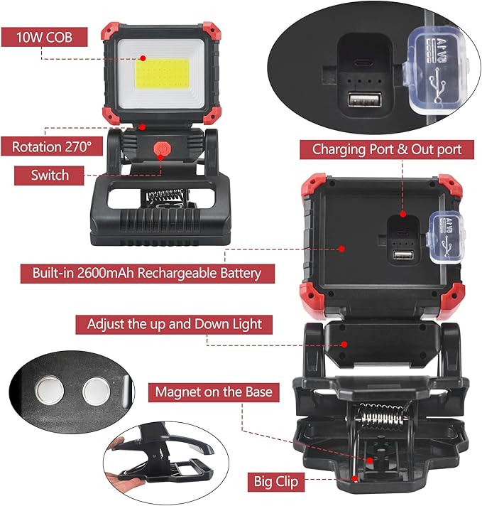Tresda LED Rechargeable Work Light with Clamp, 2Pack 2100LM COB Magnetic Work Light with 3 Light Modes, 270° & 180° Rotation, Waterproof, Perfect for BBQ, Jobsite, Workshop, Car Repairing