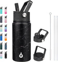 BJPKPK Insulated Water Bottles with Straw Lid, 18oz Stainless Steel Metal Water Bottle, Cold Hot Thermo with 3 Lids, Leak Proof BPA Free Travel Cup, Wide Mouth Flasks, Thermo -Midnight