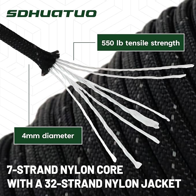 SDHUATUO Paracord Rope 100FT, 550lb Type III Nylon Parachute Cord 7-Strand Core with Reflective Strips, Utility String for Survival, Camping Gear, Hiking, DIY, Crafting, Outdoor, Black