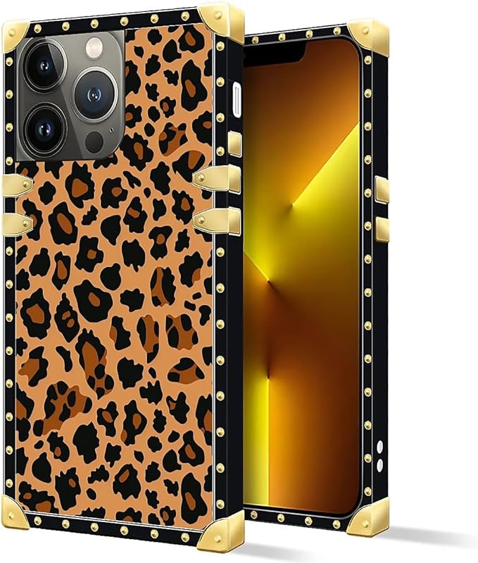 Compatible with iPhone 13 Pro Case, Brown Leopard Texture Luxury Golden Decoration for Girl Women Soft TPU Shockproof Protective Hard PC Back for iPhone 13 Pro