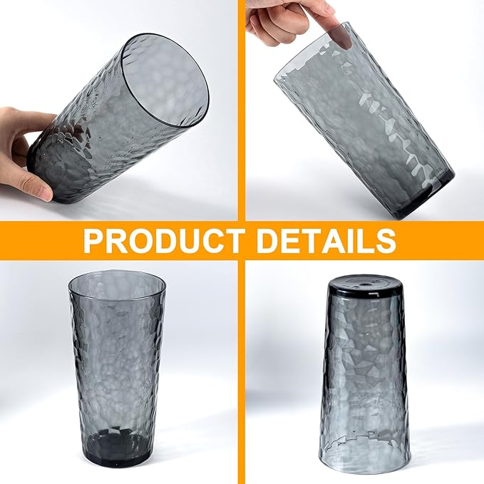 24-ounce Plastic Tumblers, Acrylic Drinking Glasses High-Balls, Reusable Plastic Cups, set of 12 Grey, Hammered Style Stackable, BPA-Free, Shatter-Proof, Dishwasher-Safe
