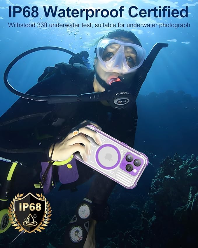 for iPhone 15 Pro Max Waterproof Case with Magsafe, Built-in [Camera & Screen Protector] [Lanyard], IP68 Water Proof Full Body Dustproof Heavy Duty Frosted Protective Phone Cover, 6.7" Purple