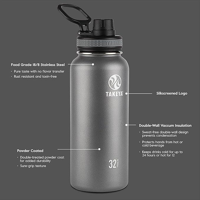 Takeya Originals 32 oz Vacuum Insulated Stainless Steel Water Bottle - Leakproof & BPA-Free Spout Lid - Keeps Drinks Cold 24 Hrs/Hot 12 Hrs - Double-Wall Design - Ideal for Active Lifestyles, Graphite