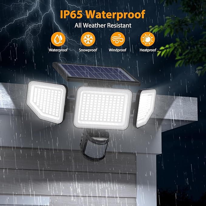 Onforu 4500LM Solar Lights Outdoor, 3 Heads Security Lights with Remote Control, IP65 Waterproof Motion Sensor Lights, 3 Modes Flood Lights for Wall, Porch, Yard, Outside, 2 Pack