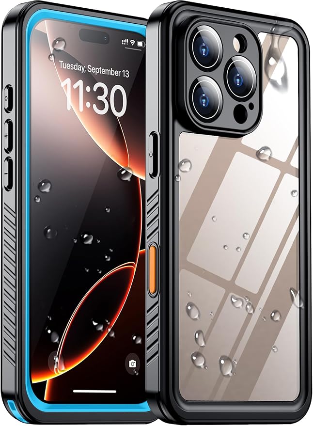 Temdan Compatible with iPhone 16 Pro Max Case Waterproof, Built-in Screen & Camera Protector IP68 Underwater Full Body 16FT Military Dropproof Shockproof Phone Case 6.9"-Blue/Clear