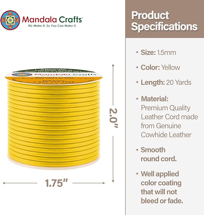 Mandala Crafts Round Genuine Yellow Leather Cord for Jewelry Making – 1mm Cowhide Leather Rope String Lace for Kumihimo – 20 Yards Cowhide Craft Cording Spool
