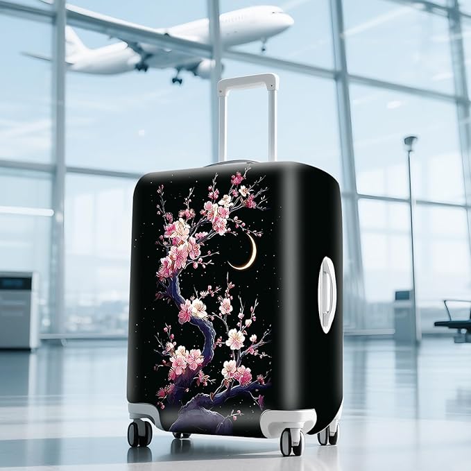 ANNA QUEEN Cherry Blossom & Moon Luggage Cover-Stretchable, Water Resistant & Durable Suitcase Protector,Universal Washable Fit for 24-26 Inch Checked Baggage