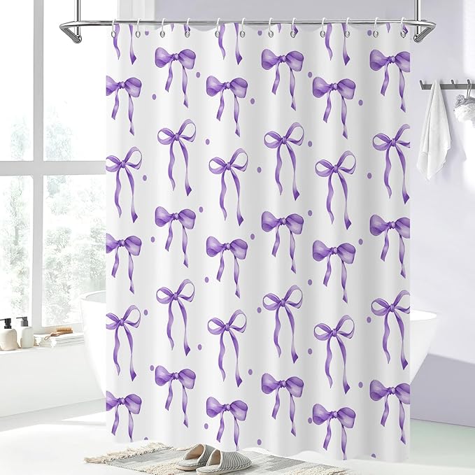 Purple Bow Shower Curtain, Purple and White Modern Aesthetic Bowknot with Polka Dot Cute Girly Bathroom Curtain Waterproof Fabric Machine Washable with Hooks, 60" Wx72 L