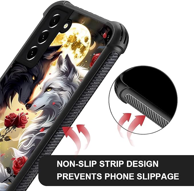 for Samsung Galaxy S21 FE Case, Black White Wolf Moon Flower Rose Pattern Graphic Design Girl Boy Soft Silicone Hard Acrylic Shock Protection for Samsung Galaxy S21 FE