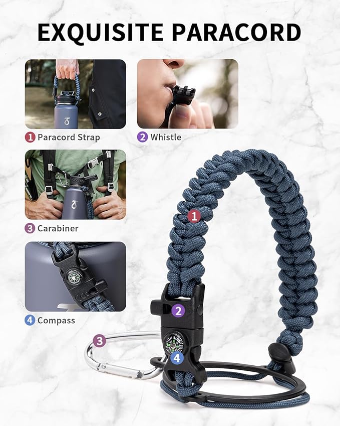 Trebo Water Bottle 40oz with Paracord Handle, Half Gallon Large Vacuum Triple Wall Stainless Steel Insulated Water Jug with Holder Strap Straw Spout Lids, Leakproof Keep Cold & Hot, Grayish purple