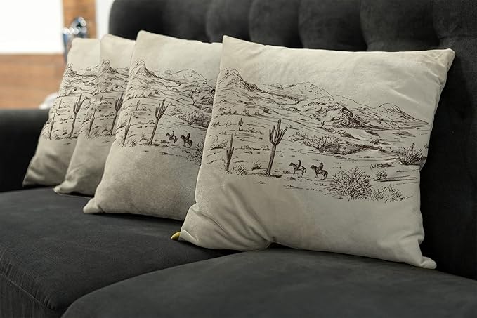 Ambesonne Western Decorative Throw Pillow Case Pack of 4, Wild West Landscape Illustration Mountains Desert Plants Cowboys on Horses, Cushion Cover for Couch Living Room Car, 18", Beige Black