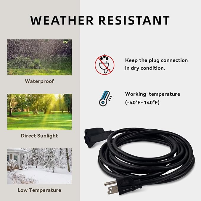 50ft Outdoor Extension Cord - 16/3 Heavy Duty SJTW Waterproof Black Electrical Cable with 3 Prong Grounded Plug for Safety, Great for Lawn and Major Appliances