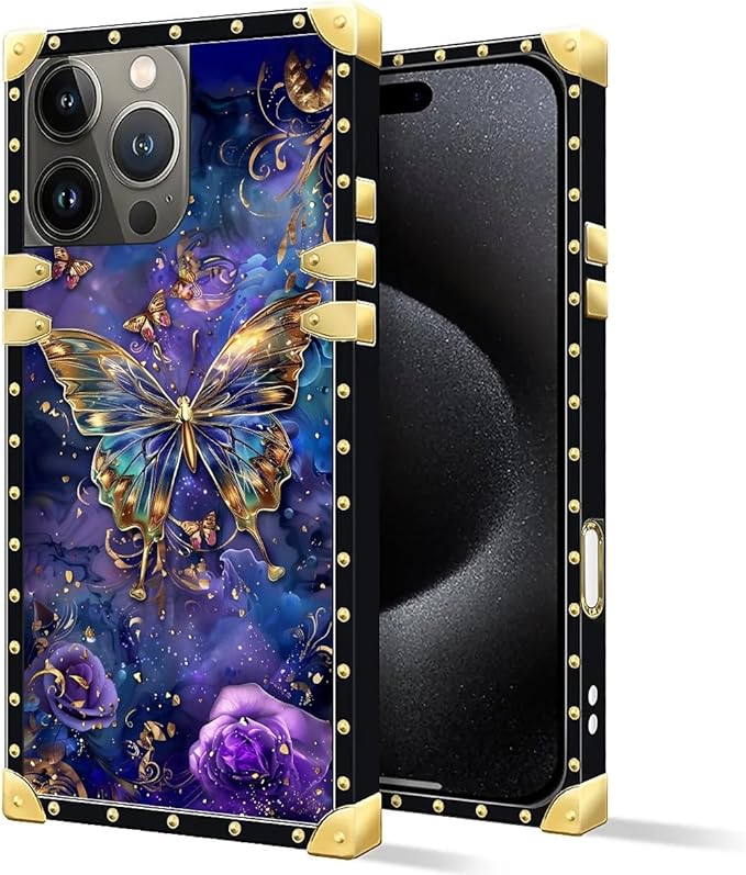 Compatible with iPhone 16 Pro Case, Glistening Golden Butterfly Vibrant Purple Blue Luxury Golden Decoration for Girl Women Soft TPU Shockproof Protective Hard PC Back