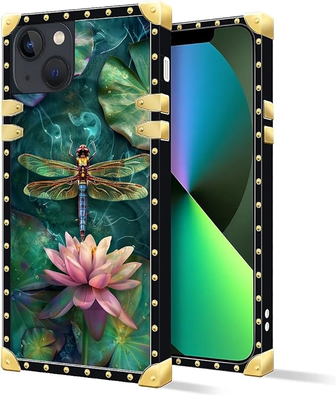 Compatible with iPhone 13 Case, Colourful Dragonfly Pink Lily Pads Luxury Golden Decoration for Girl Women Soft TPU Shockproof Protective Hard PC Back for iPhone 13