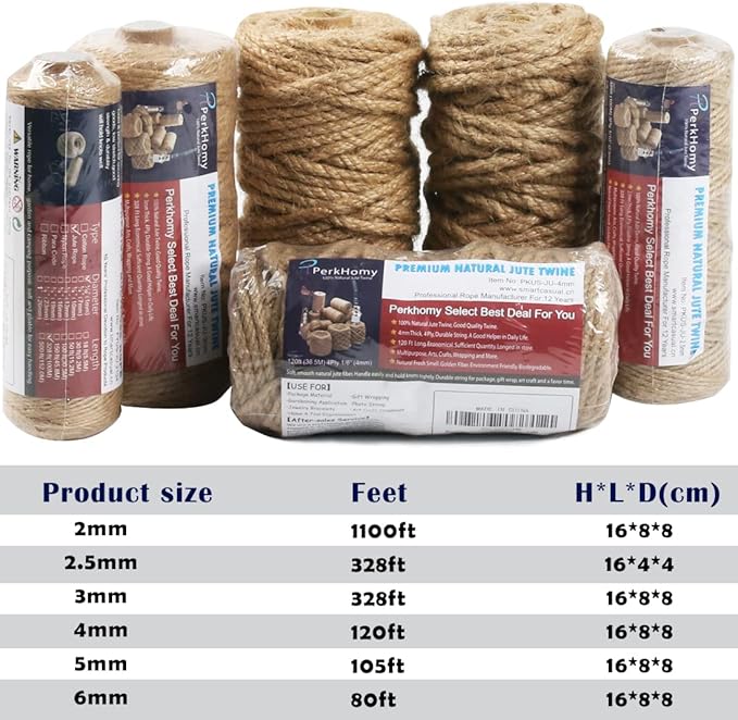 PerkHomy Jute Twine String 6mm Natural Thin Ribbon for Craft Gardening Art Wedding Decoration Packing Material (80FT * 6mm)