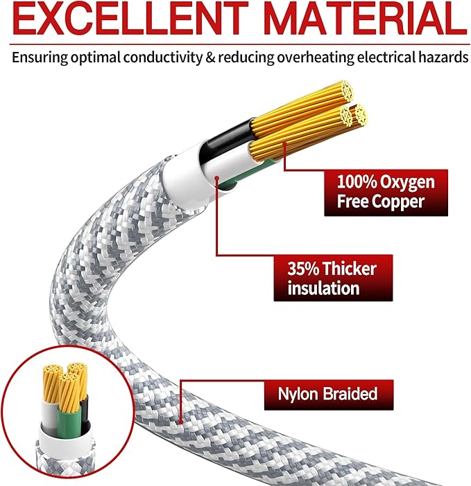 16/3 Braided Extension Cord 20 FT, Braided Extension Cord Flexible & Durable, Indoor 3 Prong Power Cable, Suitable for Home and Office, 13 Amp 1625 Watt 125VAC 16AWG, ETL Listed