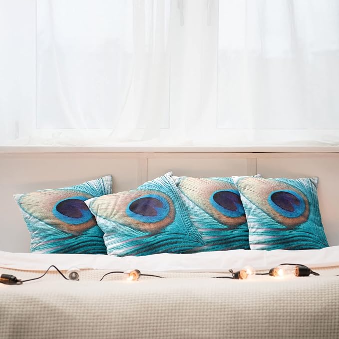 Ambesonne Feather Throw Pillow Cushion Case Pack of 4, Close up Pattern of Peacock Fluff in Vibrant Tones Natural Wildlife Theme Print, Modern Accent Double-Sided Digital Printing, 24", Aqua Cream