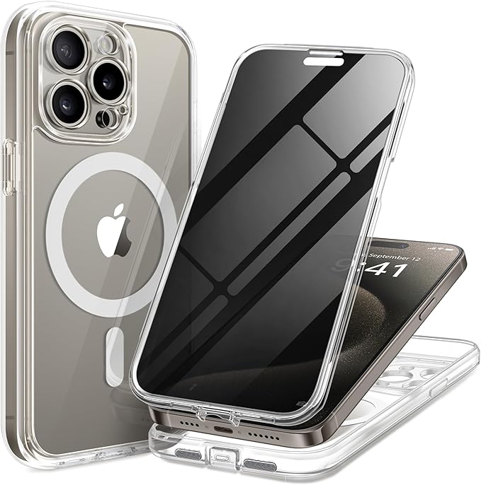 TIESZEN for iPhone 15 Pro Case, Compatible with MagSafe, Built-in Privacy Screen Protector and Camera Protection, Anti Spy Full Body Dustproof Shockproof Hard Phone Case 6.1", Transparent
