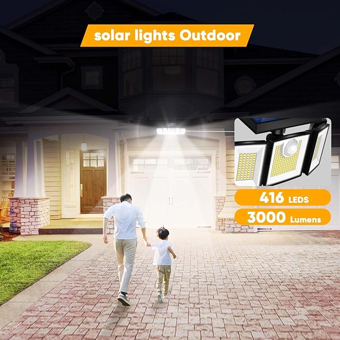 MDCMDCM Outdoor Solar Light Motion Sensor Waterproof - 3000 Lumens 3 Modes 416 LEDs 32ft 2400mAh 5 Heads Security Lights Flood Lights with Remote for Patio Yard Pool Outside （Wireless, 1p）