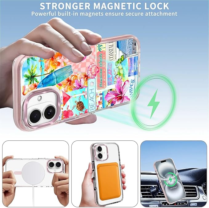 Case for iPhone 16 Plus,[Compatible with MagSafe],Coastal Beach Cover Coquette Collage Phone Case Design，for Women Girls Magnetic Clear Cover - Slim, Sleek, & Shockproof Protection