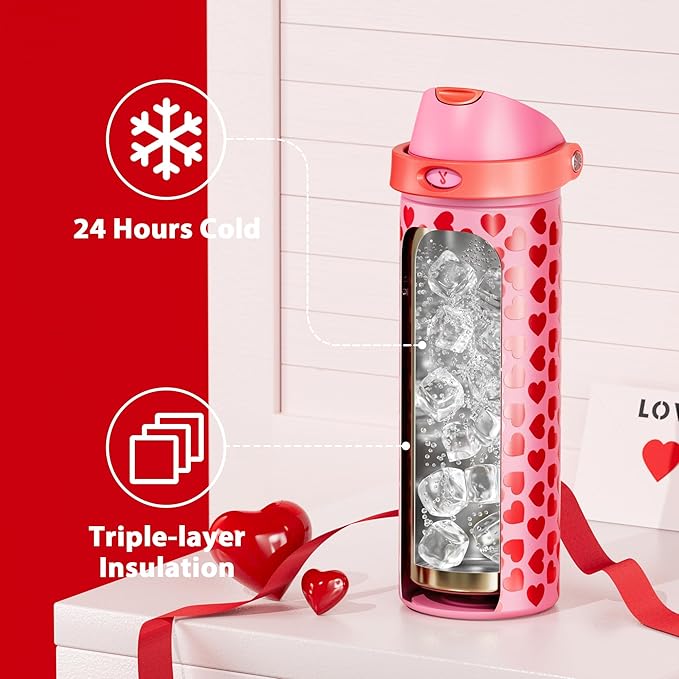 24 oz Valentine's Day Water Bottle: Meoky Stainless Steel Heart Water Bottle with 2-in-1 Straw and Spout Lid - Leak Proof, Fits in Car Cup Holder, Valentines Day Gifts for Her Women Wife Girls, Lovie