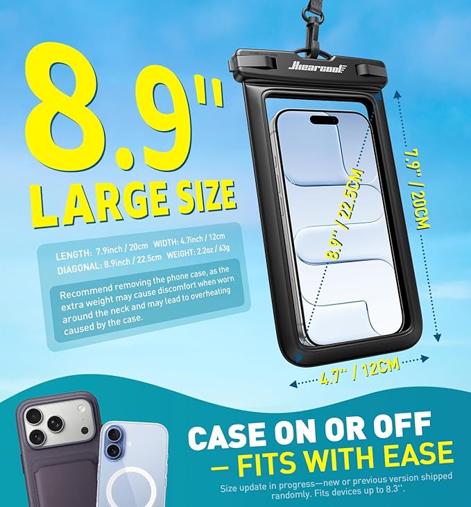 Hiearcool Universal Waterproof Case, Waterproof Phone Pouch Compatible for iPhone 17 16 15 14 13 Pro Max XS Plus Samsung Galaxy S22 Cellphone Up to 8.9", IPX8 Cellphone Beach Bag for Travel - 2 Pack