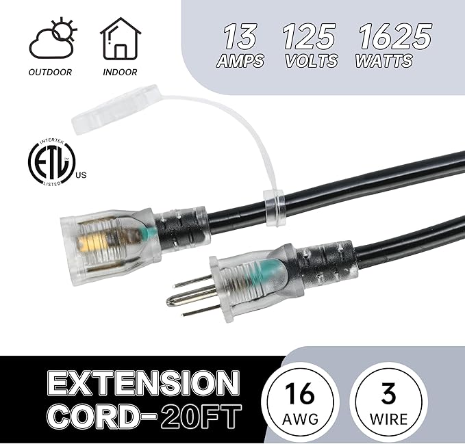50FT 16 Gauge Outdoor Extension Cord,7 Spaced Outlet Cable.Multi Outdoor Evenly-Spaced Plugs,Power Cord Splitter,Ideal for Holiday Decoration and Christmas Light,ETL Listed