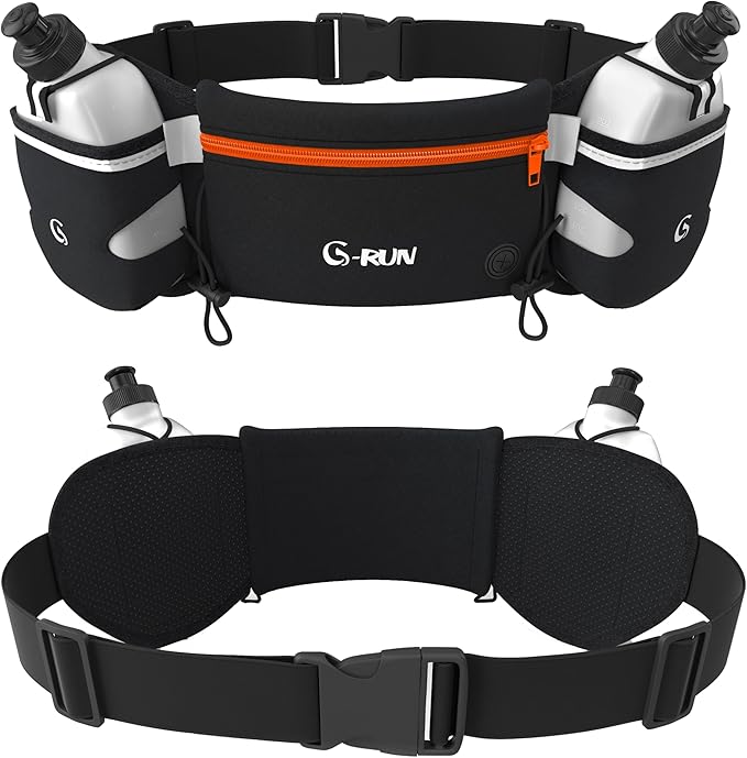 Q-RUN Hydration Running Belt with 2 x 10oz Water Bottles, No Bounce Adjustable Waist Belt for Men & Women, Marathon Running Gear