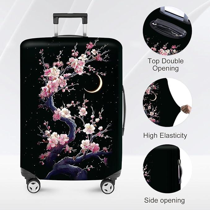 ANNA QUEEN Cherry Blossom & Moon Luggage Cover-Stretchable, Water Resistant & Durable Suitcase Protector,Universal Washable Fit for 32-34 Inch Checked Baggage
