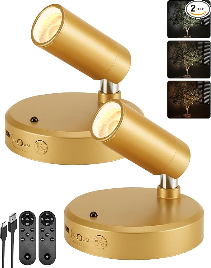 EZVALO LED Spotlight Indoor, 5500mAh Rechargeable Battery-Powered Uplights Indoor, Wireless Mini Art Accent Spot Lights with Remote, for Plants, Display, Painting, Artwork, Portrait (2-Pack-Gold)