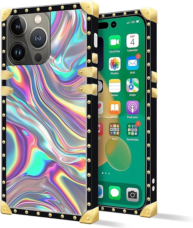 Compatible with iPhone 14 Pro Case, Holographic Abstract Iridescent Textures Luxury Golden Decoration for Girl Women Soft TPU Shockproof Protective Hard PC Back for iPhone 14 Pro