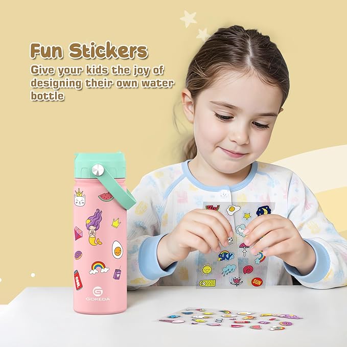 GoKEDA 18oz Kids Water Bottle, Insulated Bottles with Stickers, 18/8 Stainless Steel Vacuum Leak Proof Straw Cup for School, Gifts for Boys Girls(PurpleGreen)