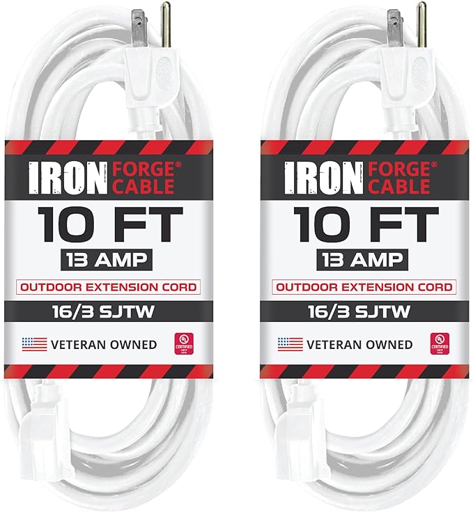 Iron Forge Cable Weatherproof 2 Pack 10 Ft Outdoor Extension Cord - 16/3 SJTW Heavy Duty White Extension Cord 3 Prong - 13 Amp Exterior Power Cable