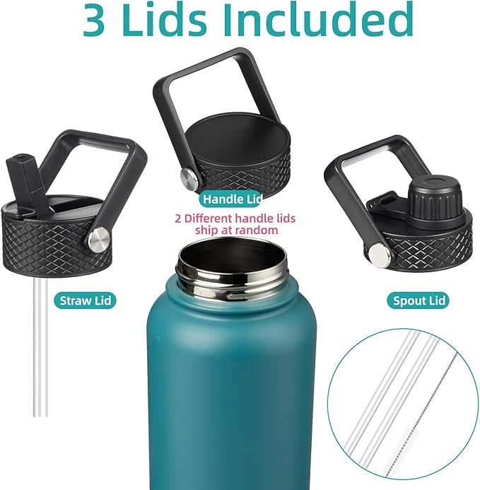 Konokyo 32 oz Insulated Water Bottle Stainless Steel Sport Bottles with 3 Lids,Light Blue