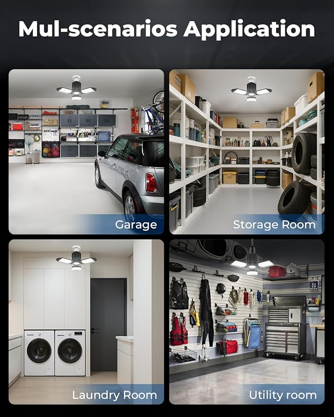 toberich LED Garage Light Bulbs 6 Pack, 8000LM Shop Lights with 3+1 Deformable Panels, 6500K Screw in Ceiling Lights for Garage, Workshop, Workbench, Basement