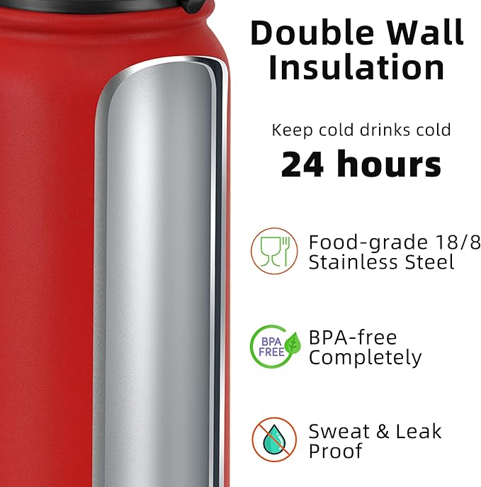 Fanhaw 40 oz Insulated Stainless Steel Water Bottle with Chug Lid, Leakproof & Sweat-Free Extra-Large Metal Bottle for Outdoor, Hiking & Gym (Red)