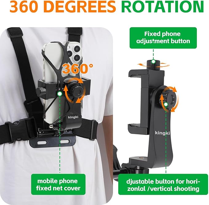 KINGKI Mobile Phone Chest Strap Harness Mount Head Strap Holder Kit for POV/VLOG,Cell Phone Clip Compatible with iPhone,Samsung,GoPro Hero 12, 11,10, 9, 8, AKASO,DJI Osmo,and Action Cameras…