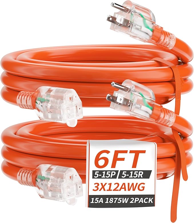 PlugSaf 6 FT 2 Pack 12/3 Gauge Heavy Duty Outdoor Extension Cord Waterproof with Lighted, Flexible Cold Weather 3 Prong Electric Cord Outside, 15A 1875W 125V 12AWG, Orange, ETL Listed