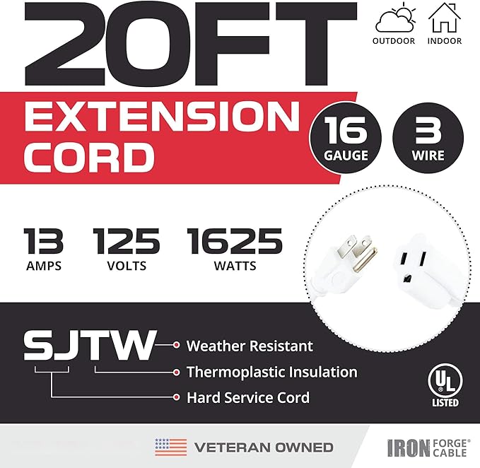 Iron Forge Cable Weatherproof 20 Ft Outdoor Extension Cord - 16/3 SJTW Heavy Duty White Extension Cord 20ft 3 Prong - 13 Amp Exterior Power Cable