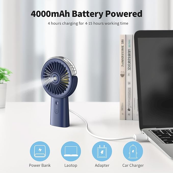 Otlonpe Handheld Misting Fan Portable, Small Personal Hand Held Rechargeable Mist Fan Water Spray, 4000mAh Battery Operated Hand Mister Fans 3-Speed, 4-15 Hrs Runtime for Travel Home Office Outdoor