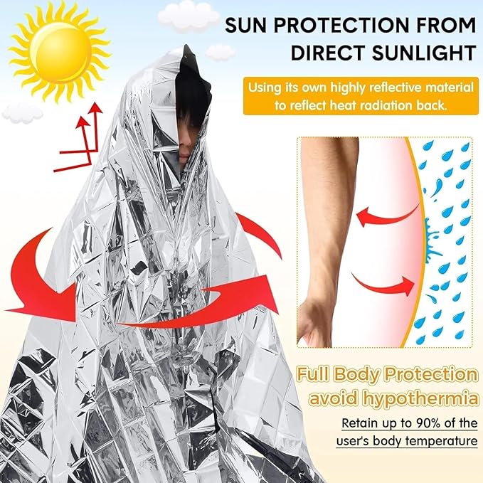 Emergency Survival Blanket, Mylar Thermal Blanket, Gigantic Space Blanket 82" x 63" (2)