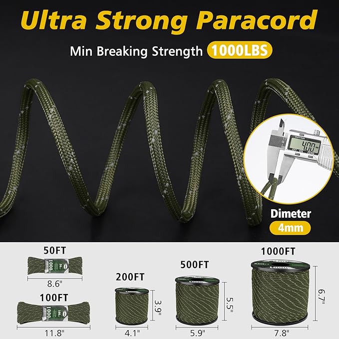 X XBEN Paracord Reflective 1000lb, 50/100/200/500/1000ft 4mm, 13 Strand Parachute Spool Cord, Heavy Duty Paracord Rope for Camping, Fishing, Hiking, Hunting, DIY Crafts, Purple