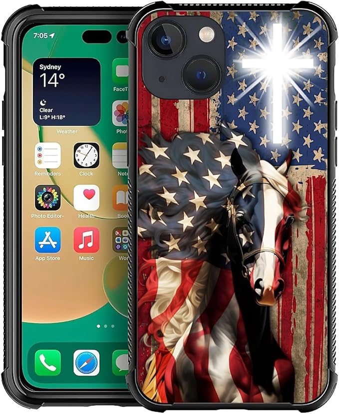 for iPhone 13 Mini Case, Red American Flag Horse Cross Pattern Made of Soft Silicone Hard Acrylic Shock Protection for iPhone 13 Mini