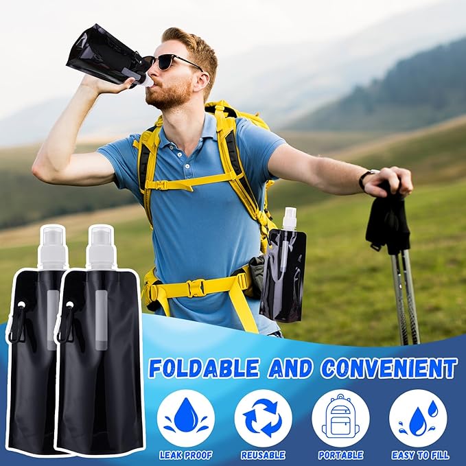 Teenyyou 24 Pack Collapsible Water Bottles Bulk 16oz Foldable Water Bottles with Carabiner Reusable Drinking Leak Proof Container Bags for Sport Biking Hiking Camping Travel Outdoor (Black)