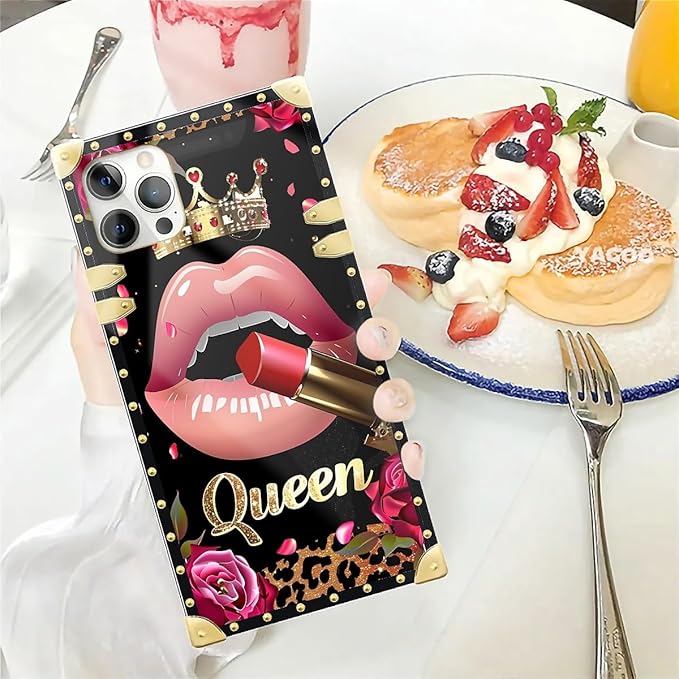 Compatible with iPhone 12 Case, Glitter Red Rose Queen Leopard Lipstick Luxury Golden Decoration for Girl Women Soft TPU Shockproof Protective Hard PC Back for iPhone 12 Pro