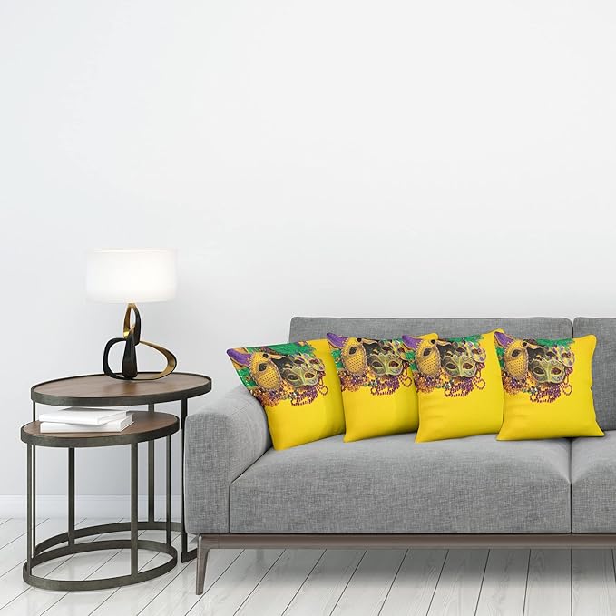 Ambesonne Mardi Gras Decorative Throw Pillow Case Pack of 4, Colorful Group of Venetian Carnivals Accessories, Cushion Cover for Couch Living Room Car, 18", Purple Yellow